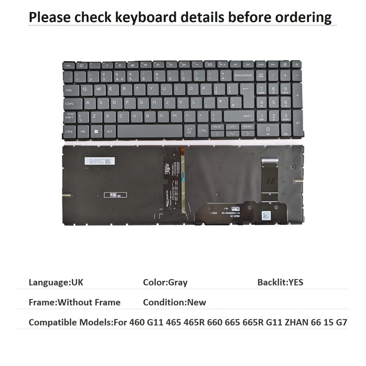 New US Spanish Latin UK Language  Backlit Keyboard For HP 460 G11 465 465R 660 665 665R G11 ZHAN 66 15 G7 Replacement Keyboard  HP laptop repair parts