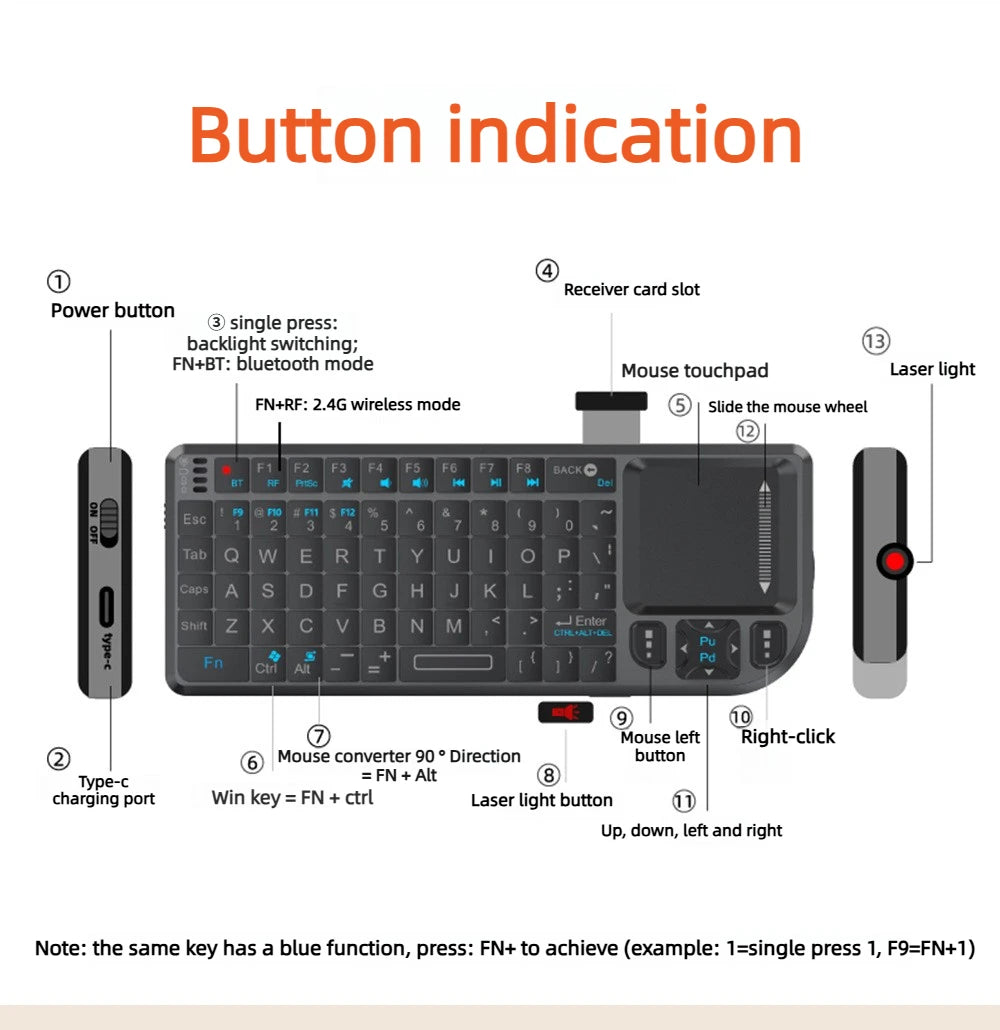 3-in-1 Mini Keyboard Touchpad Laser point Bluetooth 2.4GHz Wireless Combo Android M-AC TV /PC/Tablet/PS-4/Laptop/HTPC/Projector