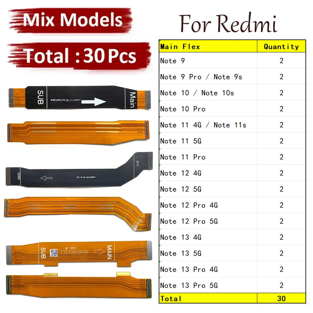 30Pcs, New Main Board Motherboard Flex Cable For Xiaomi Redmi Note 9 9s 10 10s 11 11s 12 12s 13 Pro 4G 5G Replacement parts  Xiaomi  Xiao mi phone repair parts