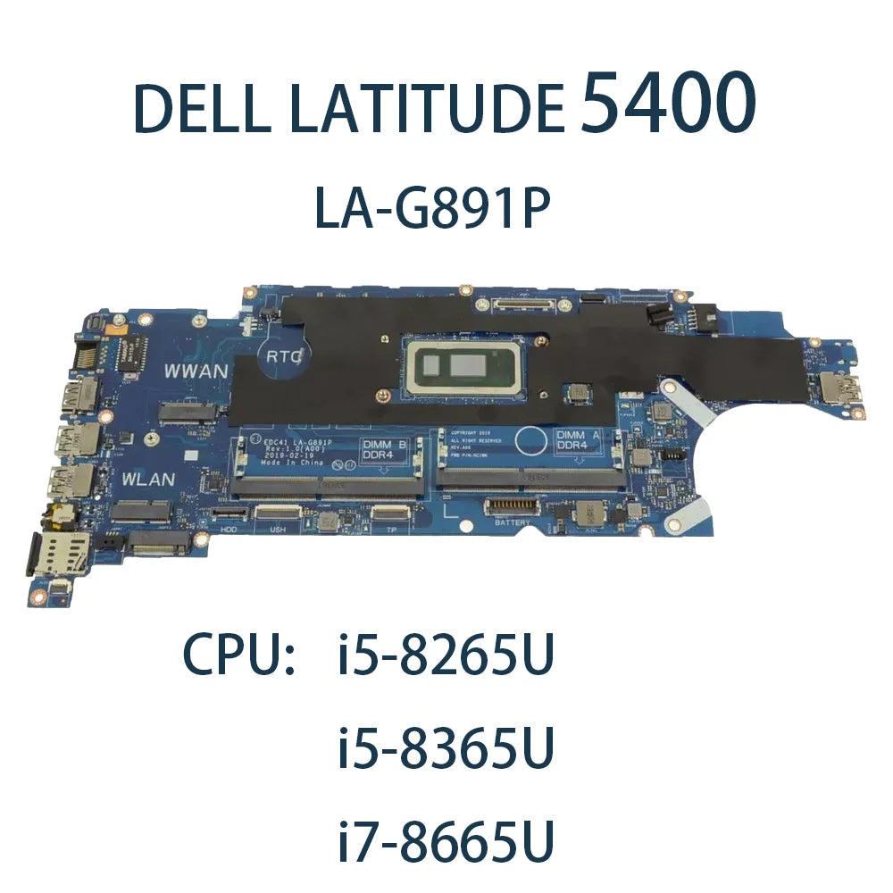 Laptop Motherboard For DELL Latitude 5400 LA-G891P With CPU i5-8265U i5-8365U I7-8665U FRU:03CY3R 05T75M 5T75M Dell laptop repair parts