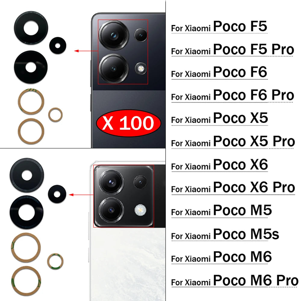 100Pcs，Rear Back Camera Glass Lens For Xiaomi Poco F5 F6 M5 M5s M6 X5 X6 Pro 4G 5G Camera Glass With Glue Adhesive  Xiaomi  Xiao mi phone repair parts
