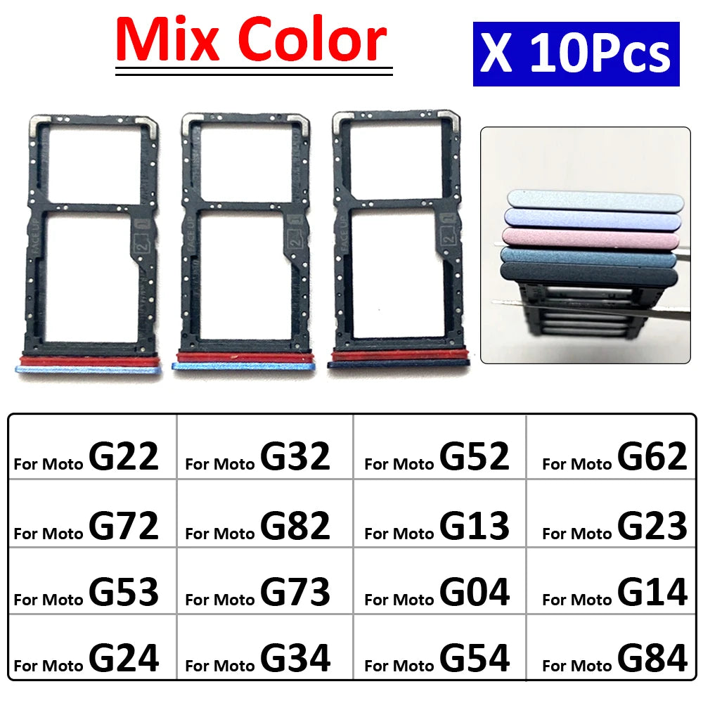 10Pcs/Lot, SIM Card Slot SD Card Tray Holder Adapter For Moto G22 G32 G52 G62 G72 G82 G13 G23 G53 G73 G04 G14 G24 G34 G54 G84 Motorola phone repair parts