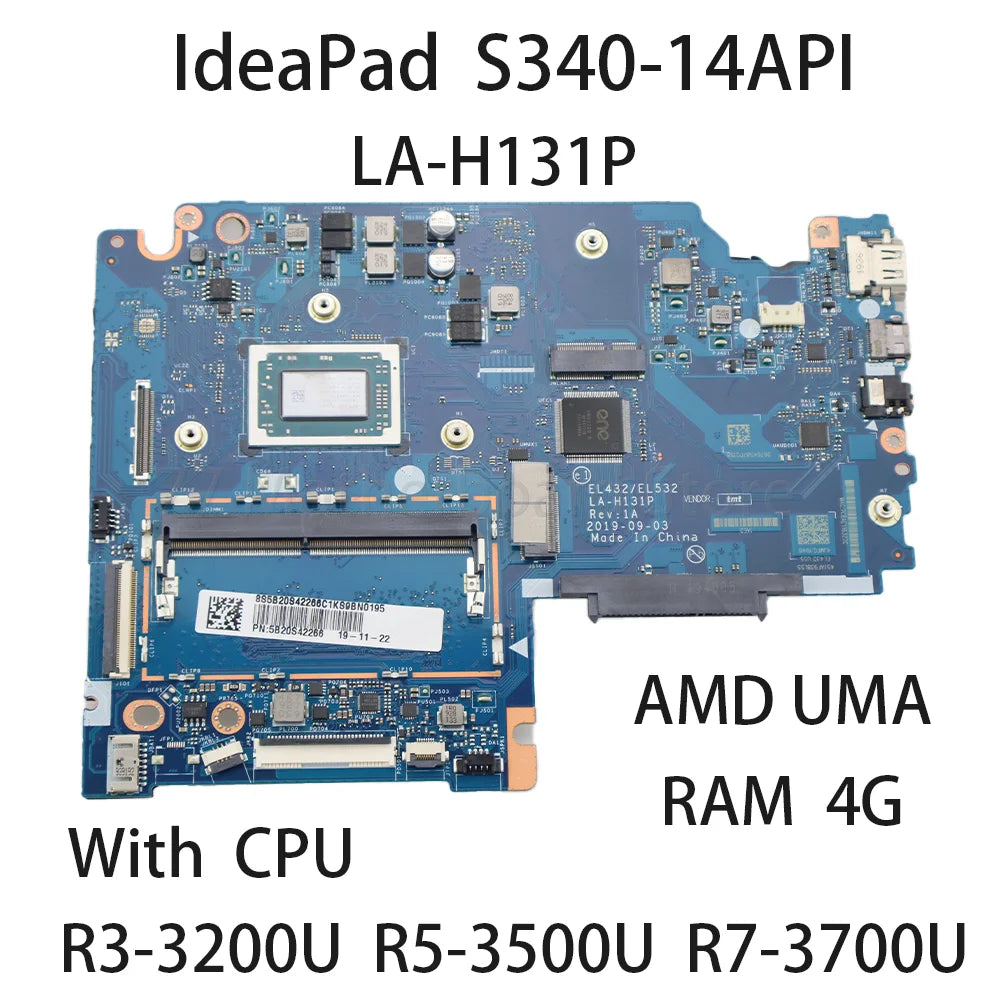 Laptop Motherboard For Lenovo IdeaPad S340-14API LA-H131P With CPU R3 3200U R5 3500U R7 3700U RAM 4G 5B20S42266  Lenovo laptop repair parts