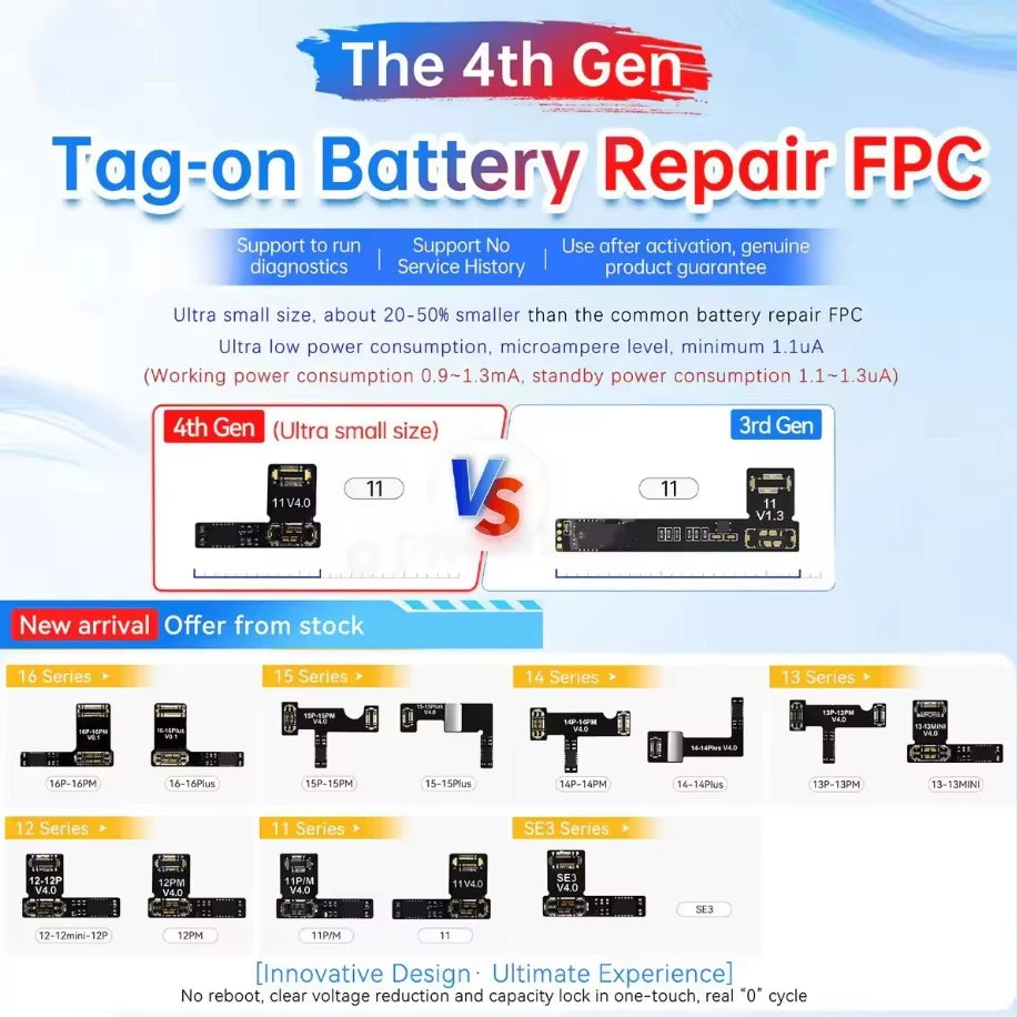JCID 4th Gen Battery Repair Flex Tag On For iPhone 11 12 13 14 15 Plus Pro Max Mini Remove Warning Battery External Cable Tools Professional Repair Tools