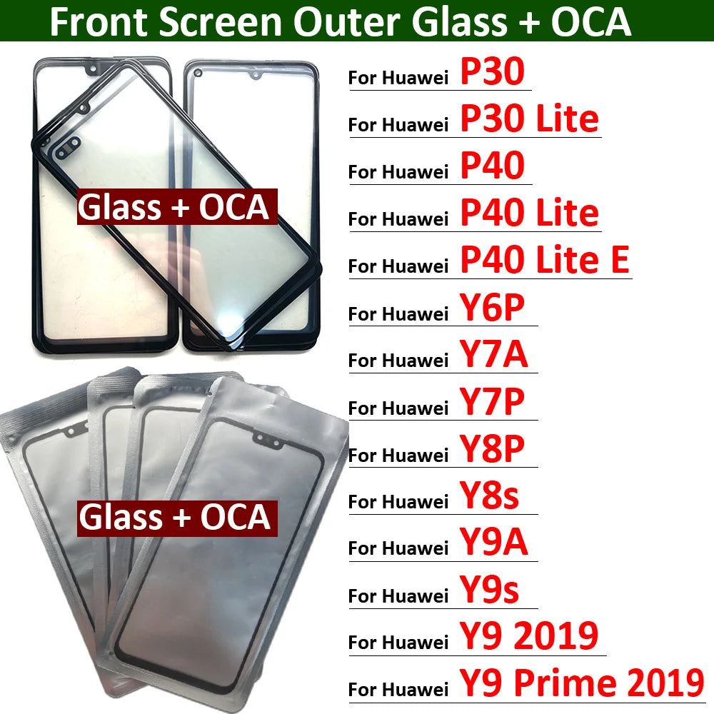 Screen Front Outer Glass+OCA For Huawei Y6P Y7A Y7P Y8P Y8s Y9A Y9s Y9 Prime 2019 P30 P40 Lite E 5G Screen Touch Panel Glass Huawei phone repair parts
