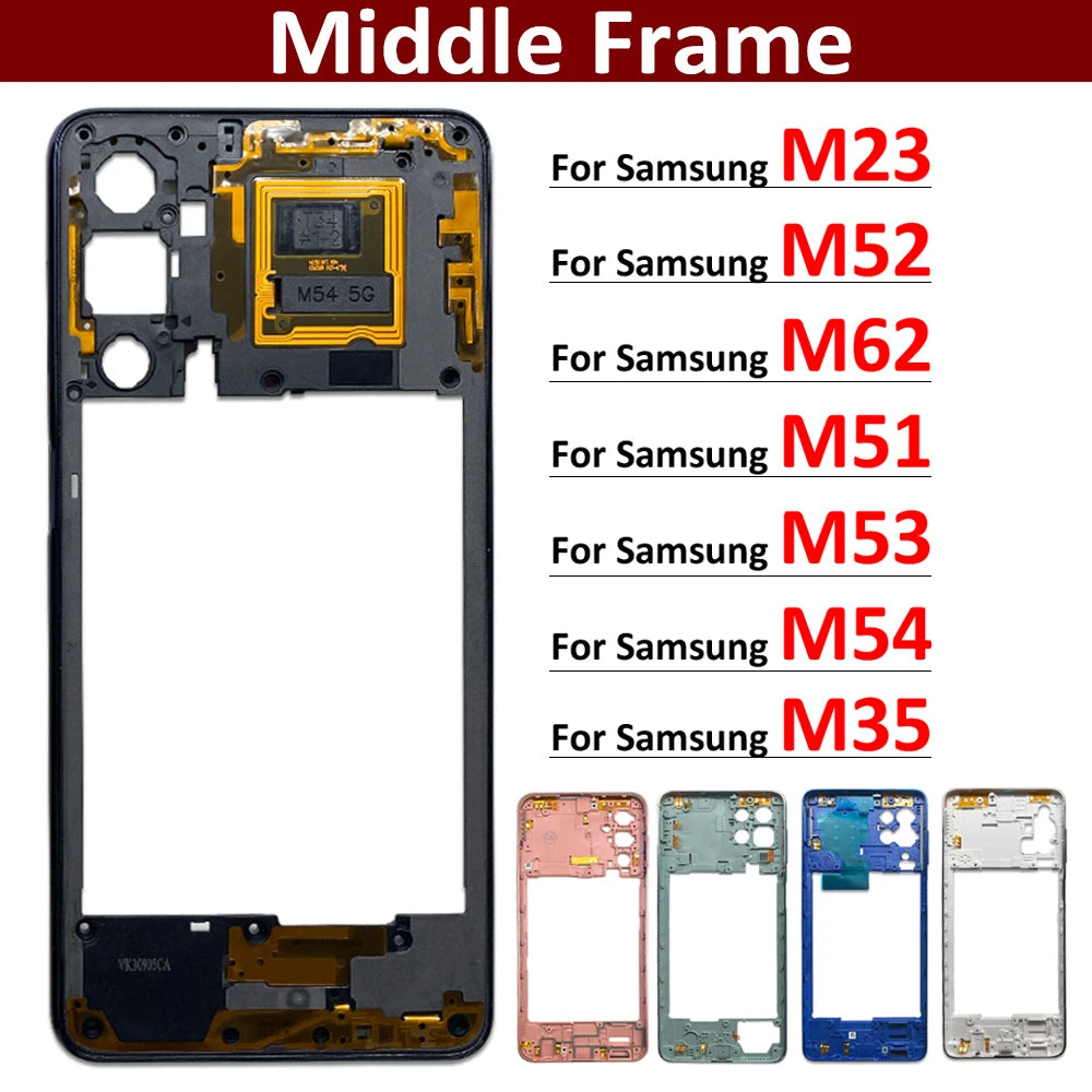 New Middle Frame For Samsung M23 M52 M53 M51 M54 M62 M35 5G M526B M536B M625F Door Housing Bezel Repair Parts Samsung phone repair parts