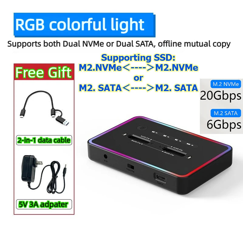 Dual Protocol m.2 ssd case Ssd Docking Station Type C USB 20Gbps offline clone  for PCIe NVME SATA 2 dual bay SSD enclosure Laptop Accessories