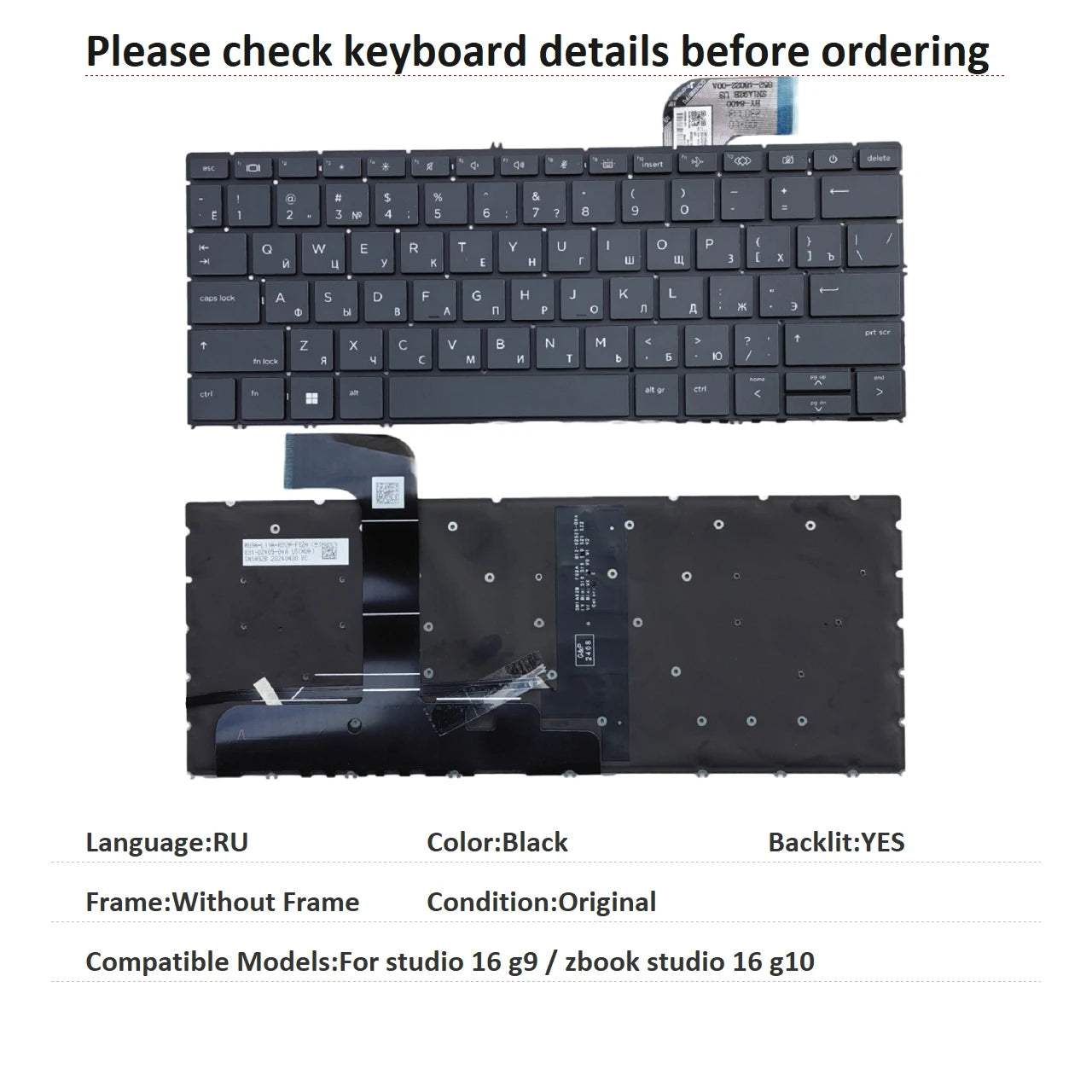 New US Russian Language  Backlit Keyboard For HP studio 16 g9 / zbook studio 16 g10 Notebook PC Replacement Keyboard  HP laptop repair parts