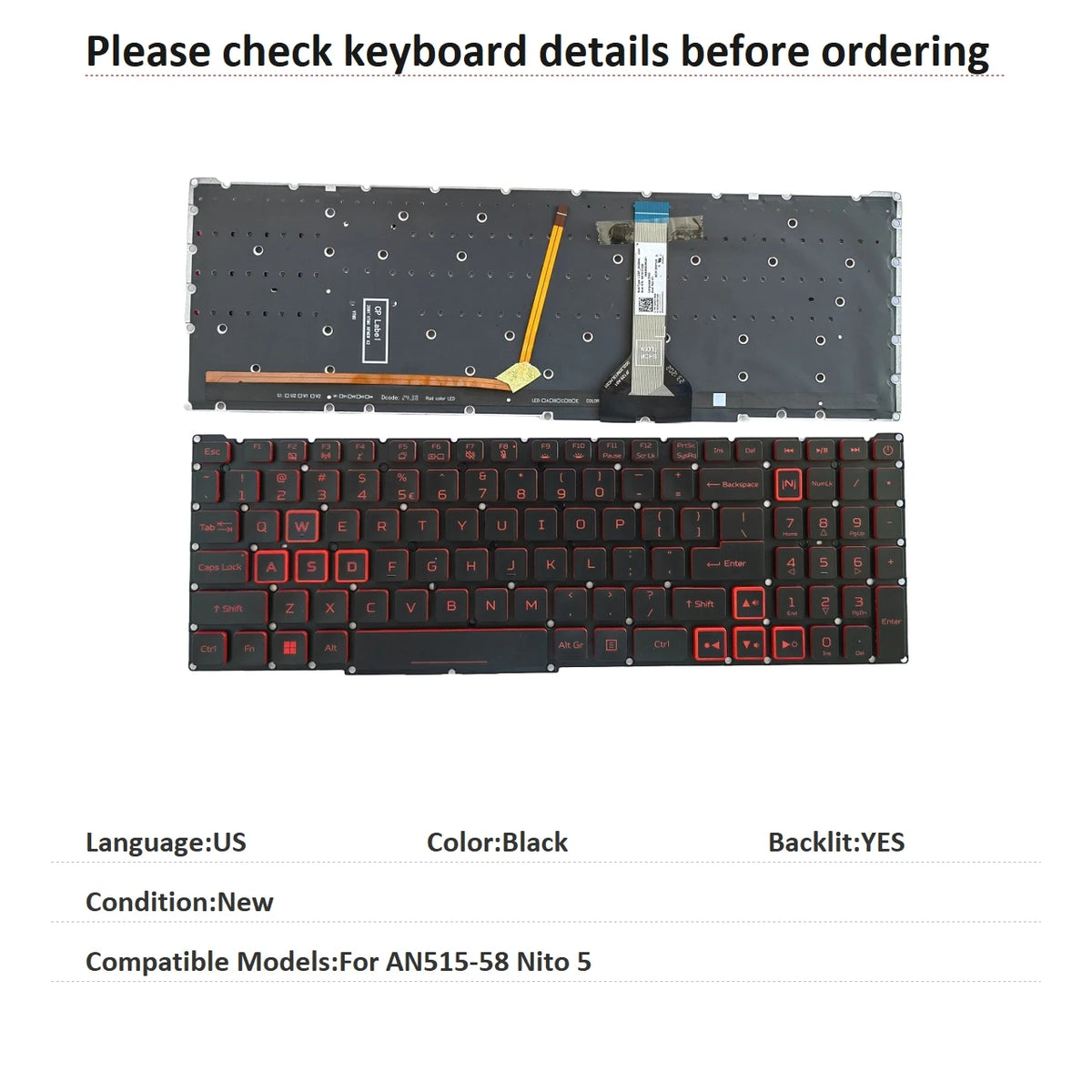 New US Language  RGB Keyboard For Acer AN515-58 Nito 5 Notebook PC Replacement Keyboard Acer laptop repair parts