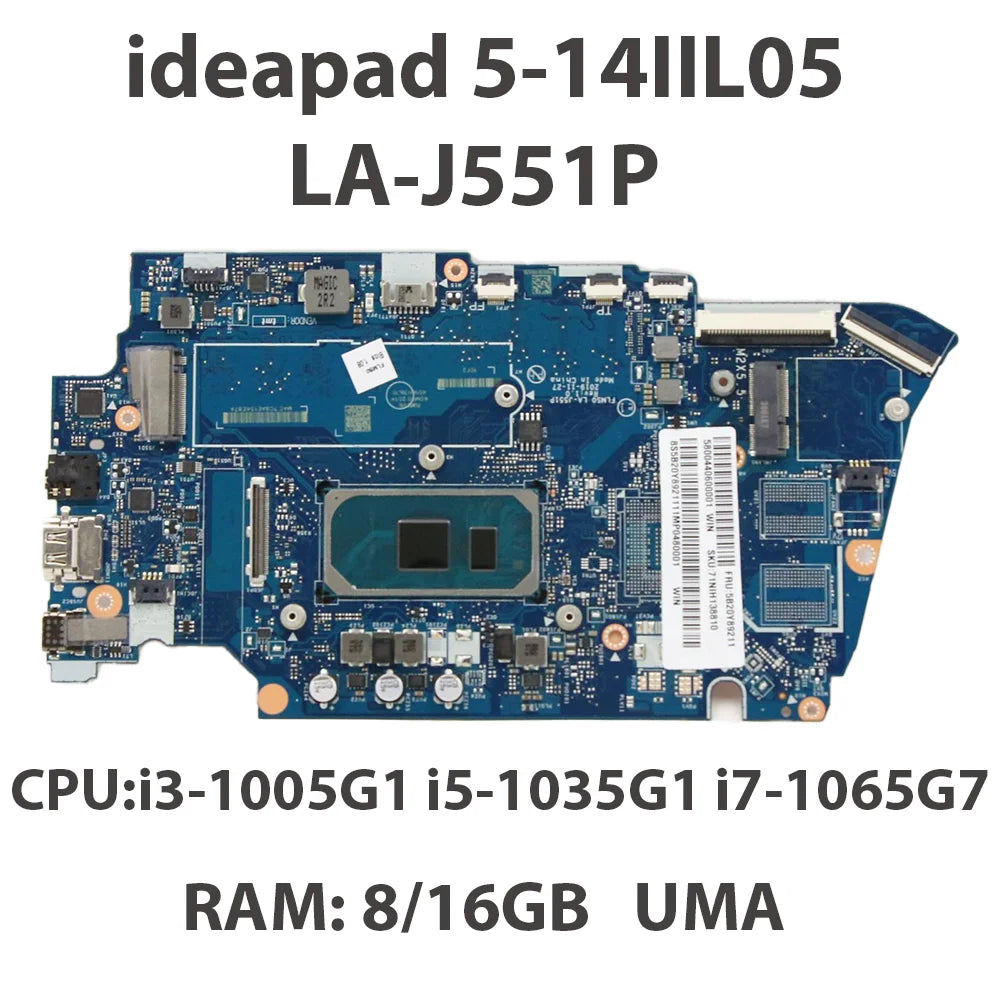 Laptop Motherboard For Lenovo ideapad5-14IIL05 LA-J551P CPU:i3-1005G1 i5-1035G1 i7-1065G7  RAM:8/16G FRU:5B20Y89211 5B20Y88941 Lenovo laptop repair parts