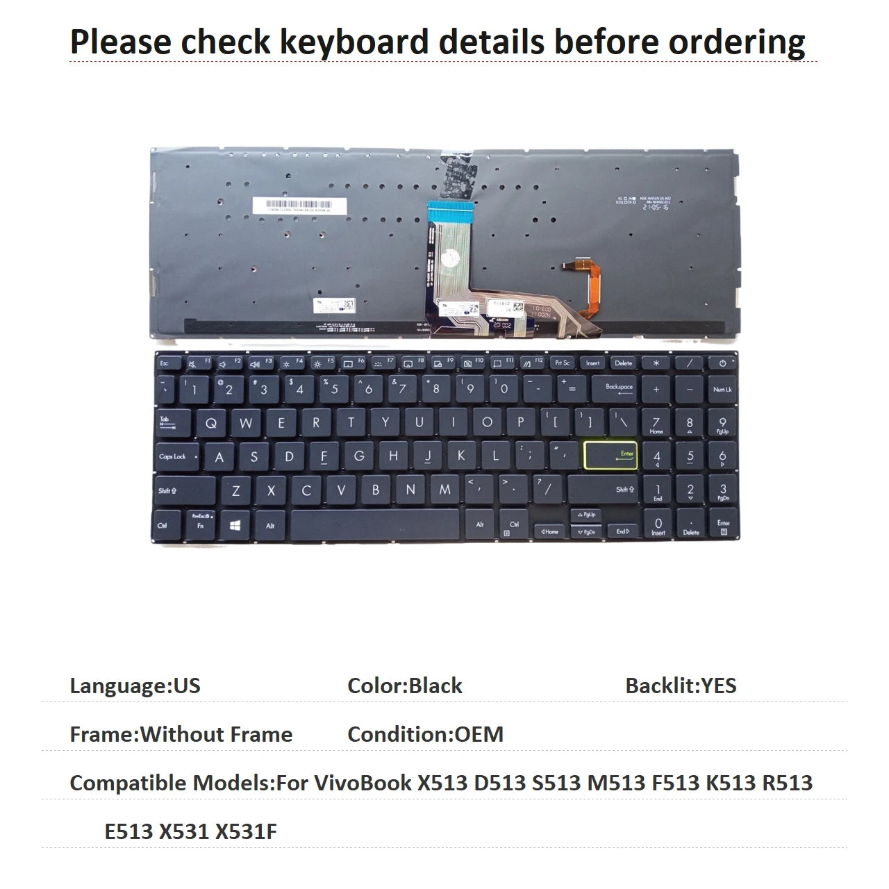 New US Russian Spanish UK Language  Backlit Keyboard For ASUS VivoBook X513 D513 S513 M513 F513 K513 R513 E513 X531 X531F ASUS laptop repair parts