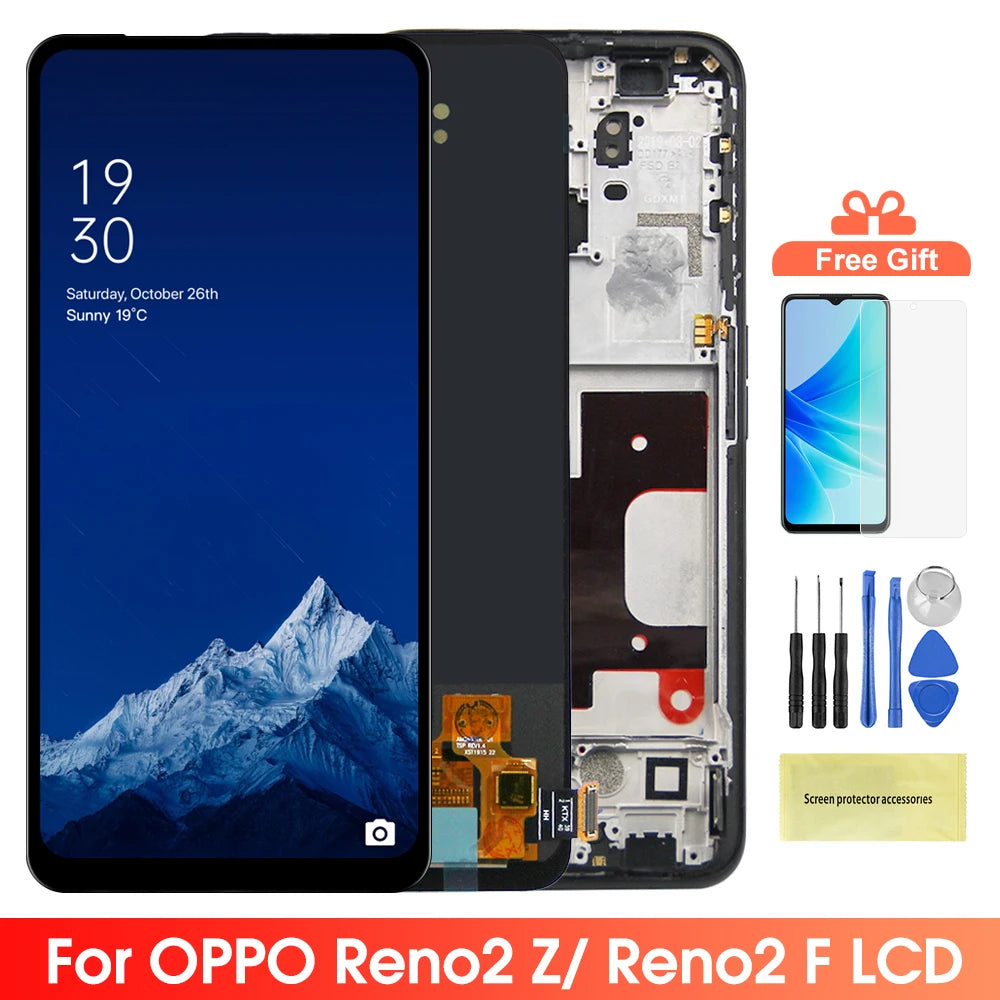 Reno2 F CPH1989 Display Screen, for Oppo Reno2 Z PCKM70 PCKT00 Lcd Display Digital Touch Screen with Frame Assembly Replacement OPPO phone repair parts