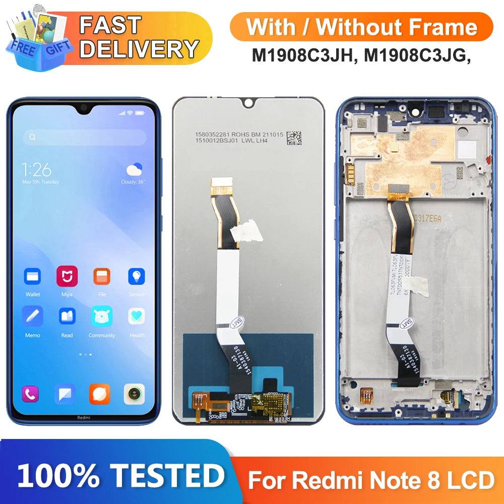for Xiaomi Redmi Note 8 Lcd Screen Display Digital Touch Screen with Frame for Redmi Note 8 M1908C3JH M1908C3JG Replacement Xiaomi phone repair parts