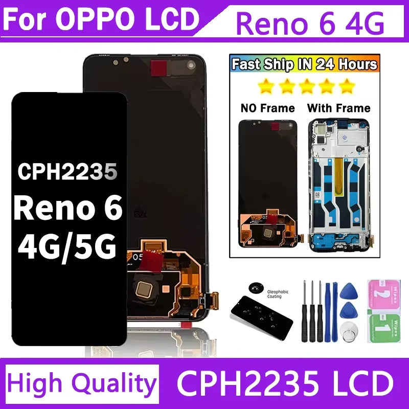 Reno 6 Display Screen For OPPO Reno6 4G LCD CPH2235 Display Touch Panel Digitizer For Oppo Reno 6 5G PEQM00, CPH2251 LCD Frame Oppo phone repair parts Realme phone repair parts