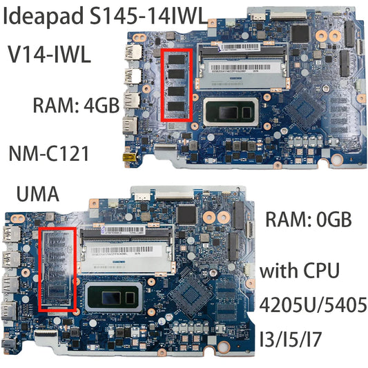 Laptop Motherboard For Lenovo ideapad S145-14IWL  V14-IWL NM-C121 With CPU:4205U/5405U/I3/I5/I7 RAM:0G/4G  5B20S41759 5B20S41748  Lenovo laptop repair parts