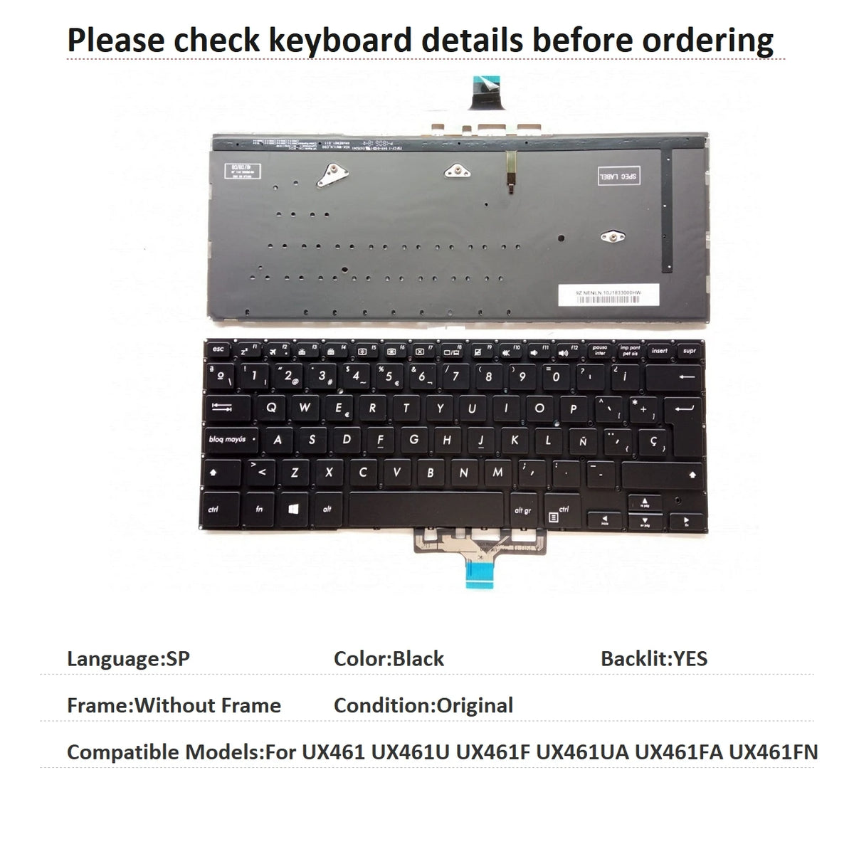 New Spanish Language  Backlit Keyboard For ASUS UX461 UX461U UX461F UX461UA UX461FA UX461FN Notebook PC Replacement Keyboard ASUS laptop repair parts