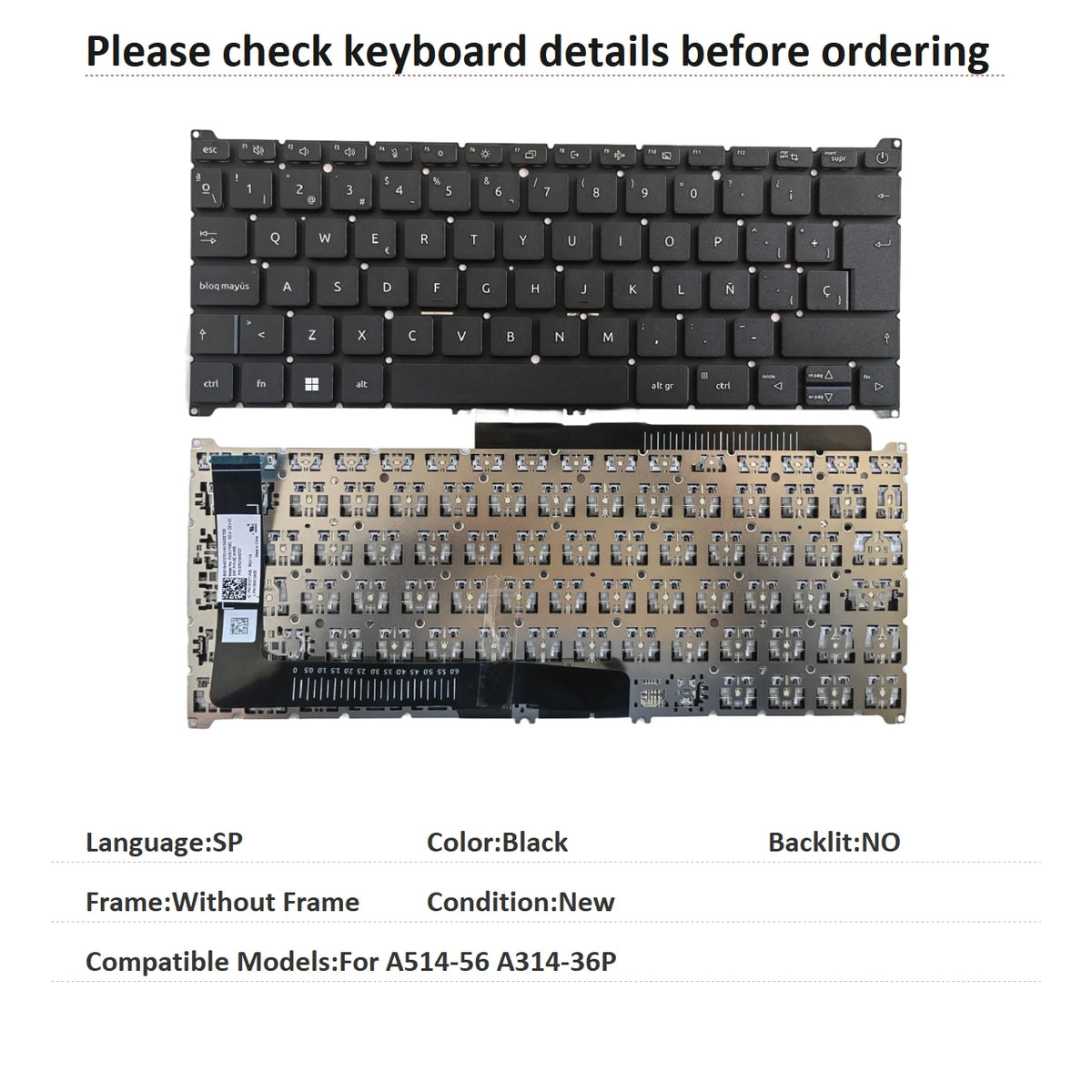 New US Spanish Language  Backlit Keyboard For Acer A514-56 A314-36P Notebook PC Replacement Keyboard  ACER laptop repair parts