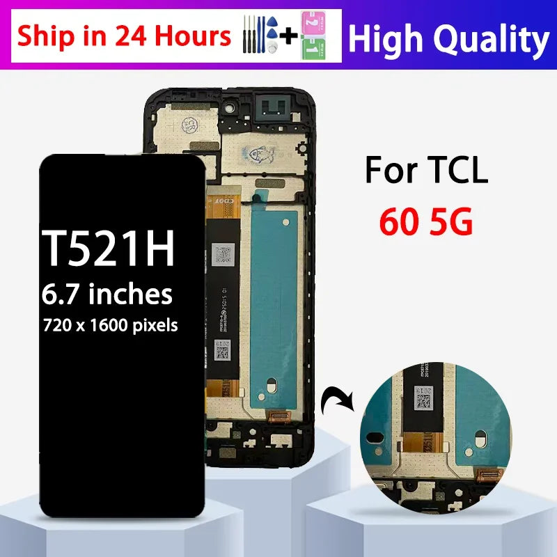 6.7' Screen For TCL 60 5G LCD Display With Touch Screen Digitizer Full Assembly T521H Display Screen With Frame TCL phone repair parts