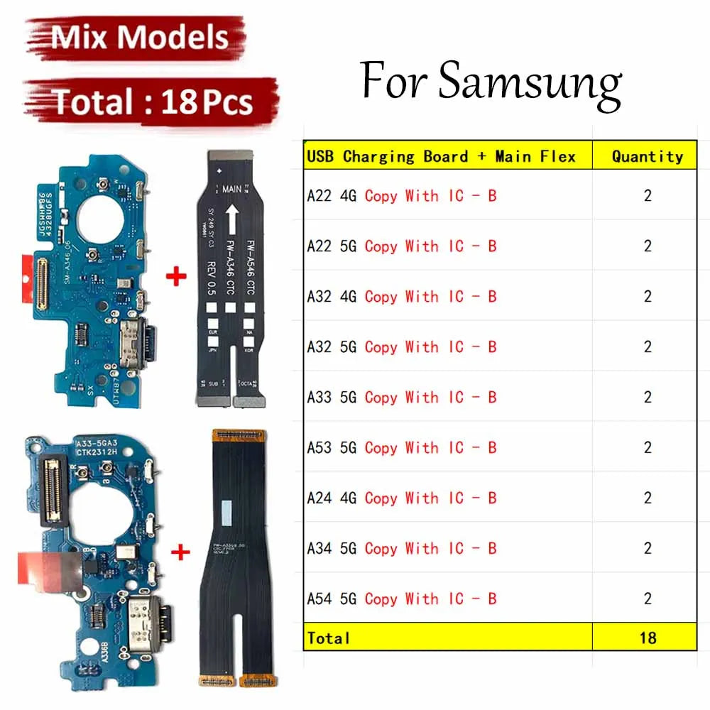 18Pcs, New USB Charging Port Dock Charger Connector Main Board Flex Cable For Samsung A22 A32 A52 A72 A33 A53 A24 A34 A54 4G 5G  Samsung phone repair parts