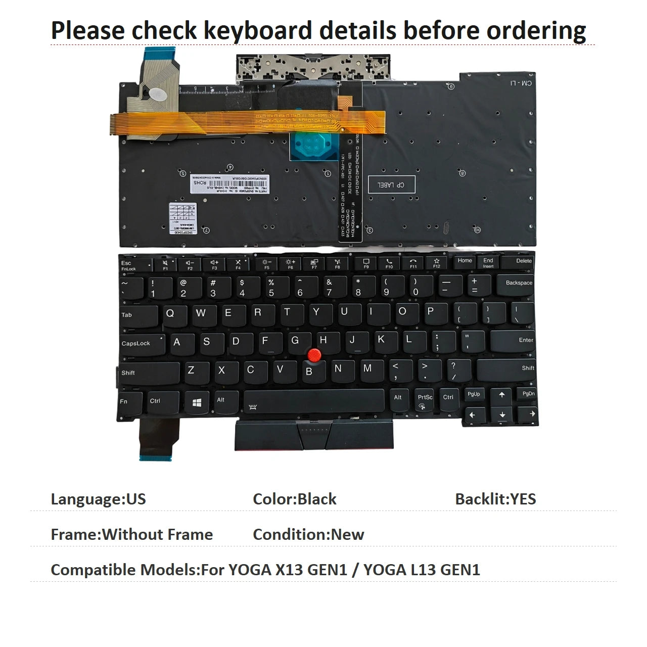 New US Language  Backlit Keyboard For Lenovo Thinkpad YOGA X13 GEN1 / YOGA L13 GEN1 Notebook PC Replacement Keyboard Lenovo laptop repair parts