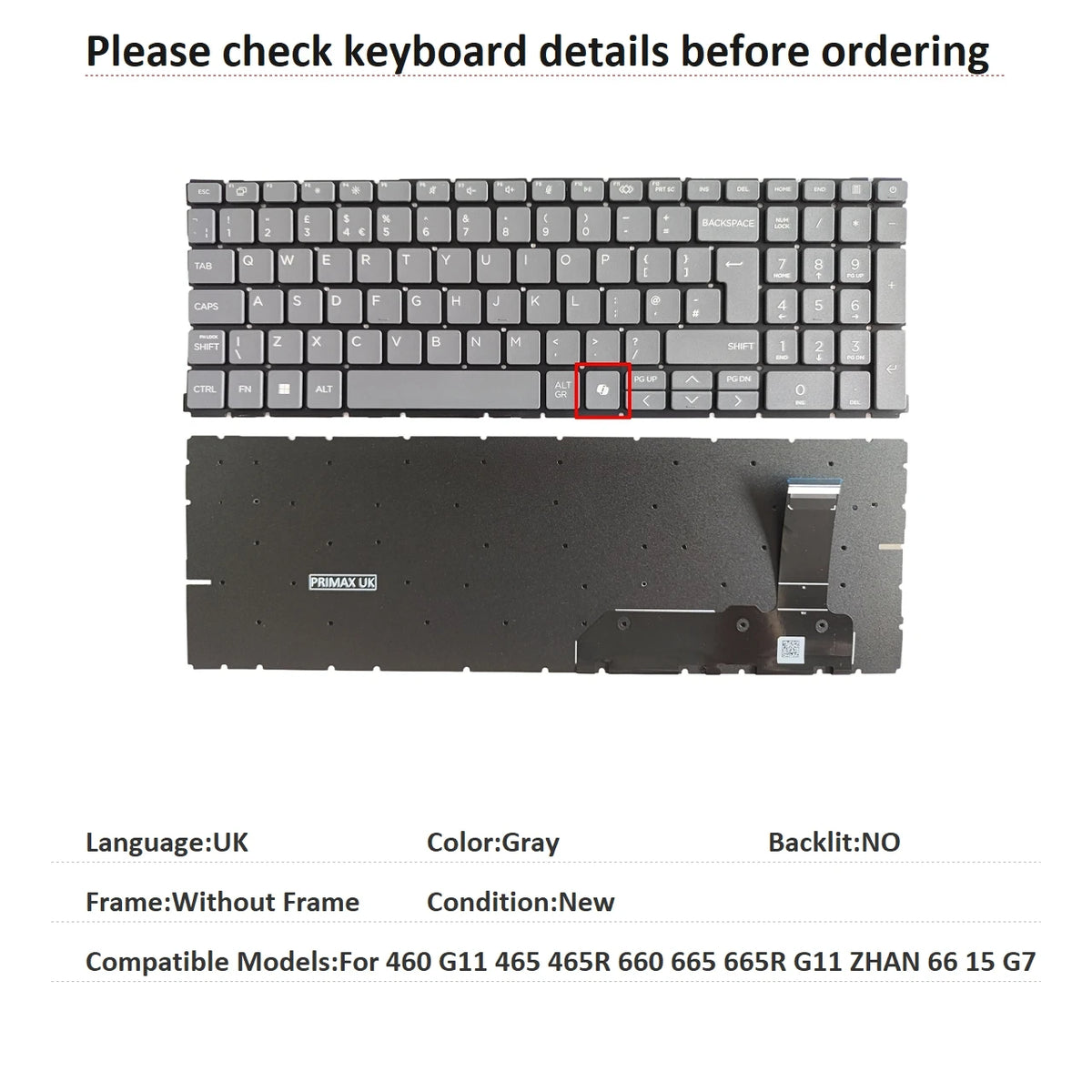 New US Spanish Latin UK Language  Backlit Keyboard For HP 460 G11 465 465R 660 665 665R G11 ZHAN 66 15 G7 Replacement Keyboard  HP laptop repair parts