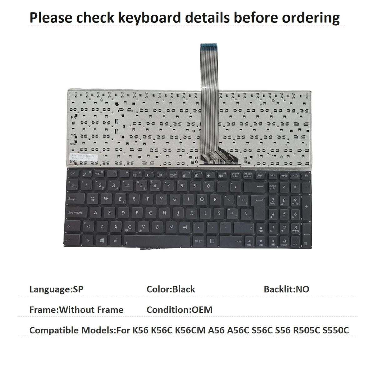 New US Russian Spanish Language  Keyboard For ASUS K56 K56C K56CM A56 A56C S56C S56 R505C S550C Notebook PC Replacement Keyboard ASUS laptop repair parts