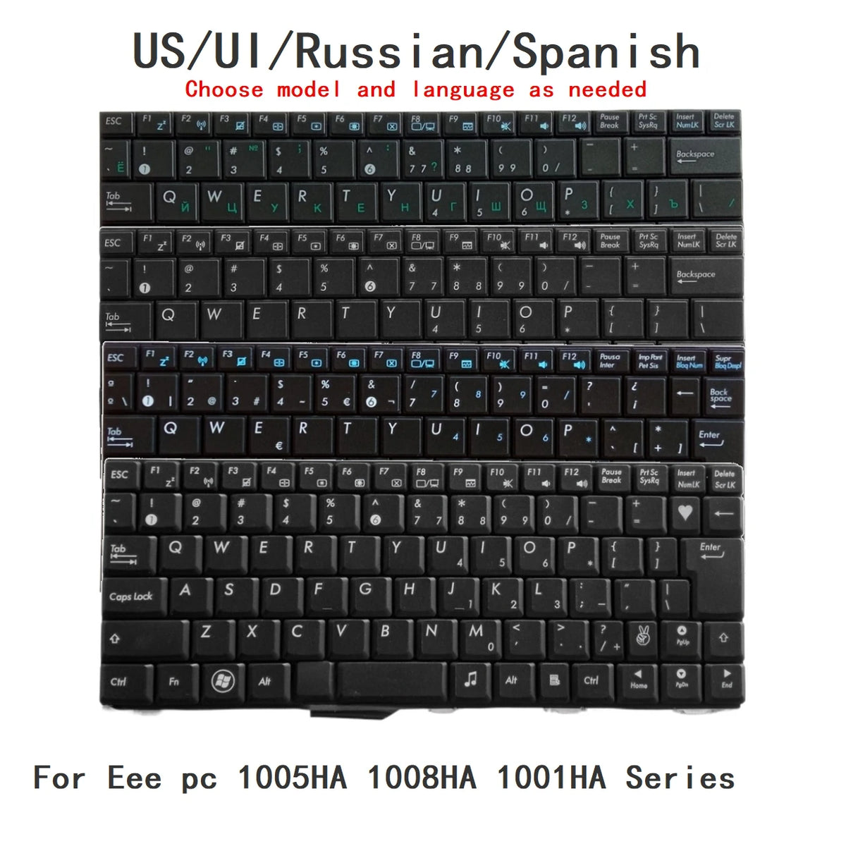 New US UI Russian Spanish Language  Keyboard For ASUS Eee pc 1005HA 1008HA 1001HA Series Notebook PC Replacement Keyboard ASUS laptop repair parts