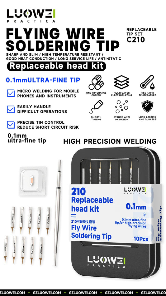 LUOWEI LW-210 Soldering Iron Tip Set 0.1mm Interchangeable Head Set Flying Wire Soldering Tip for Phone Motherboard Repair Tool Professional Repair Tools