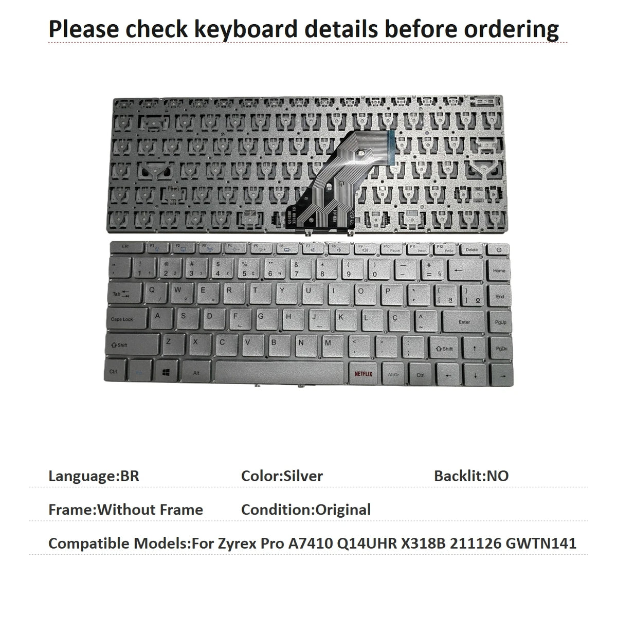 New US Brazil Language  Keyboard For Zyrex Pro A7410 Q14UHR X318B 211126 GWTN141 Notebook PC Replacement Keyboard