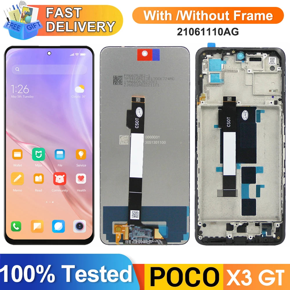 Poco X3 GT Display Screen Replacement, for Xiaomi Poco X3 GT 21061110AG Lcd Display Digital Touch Screen with Frame Assembly Xiaomi phone repair parts