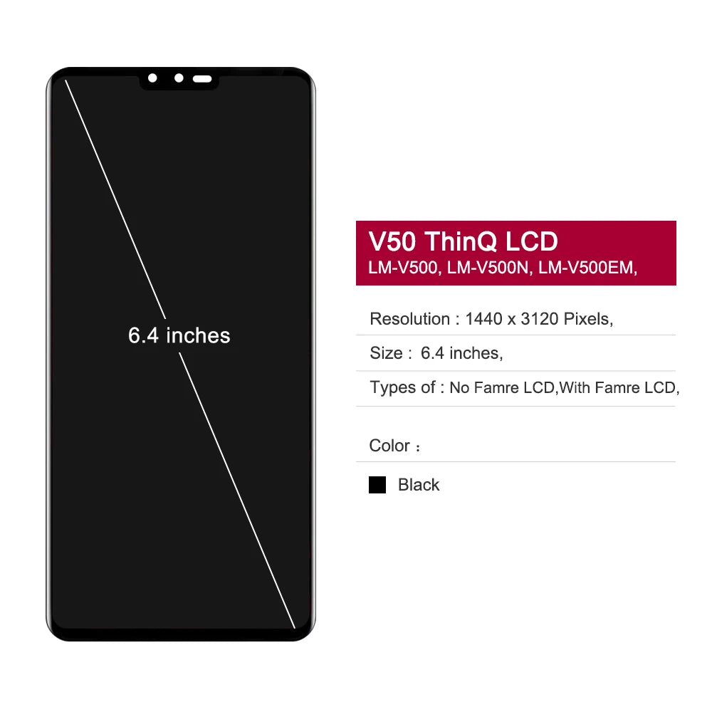6.4" OEM  For LG V50 ThinQ 5G LCD V500 V500N V500EM Display Touch Screen Digitizer For LG V50 LCD With Frame 100% Tested LG phone repair parts