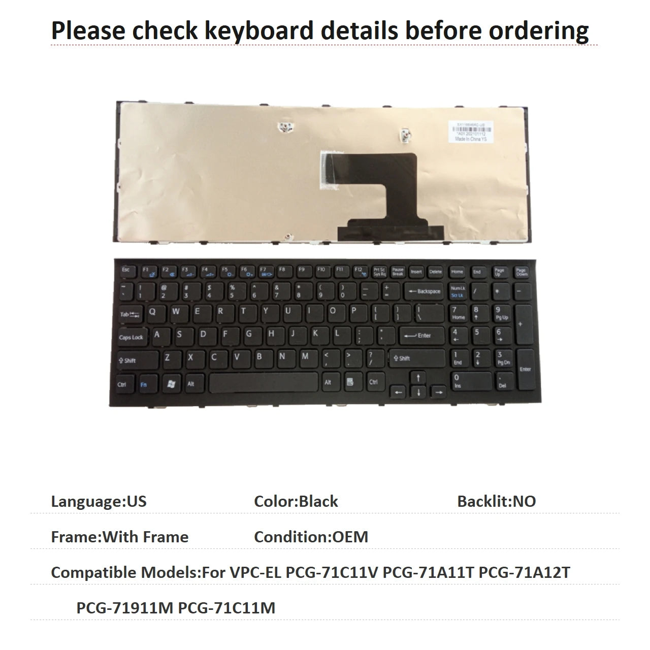 New US Language  Keyboard For Sony VPC-EL PCG-71C11V PCG-71A11T PCG-71A12T PCG-71911M PCG-71C11M Replacement Keyboard  SONY laptop repair parts