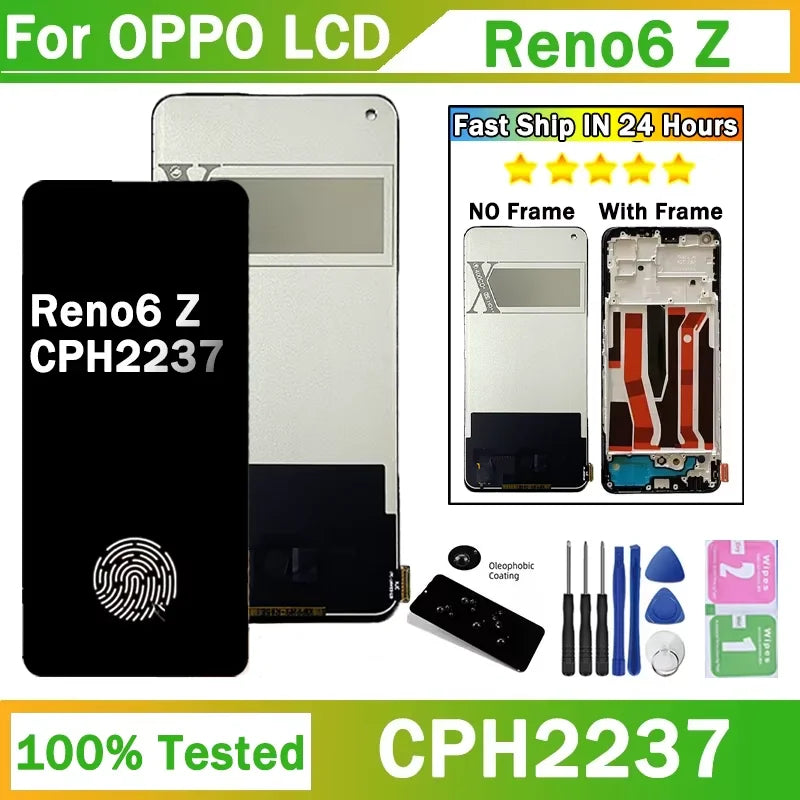 6.4" Super AMOLED For OPPO Reno6 Z LCD Display With Frame Touch Screen Digitizer Assembly For Reno 6Z CPH2237 Display Frame Oppo phone repair parts Realme phone repair parts