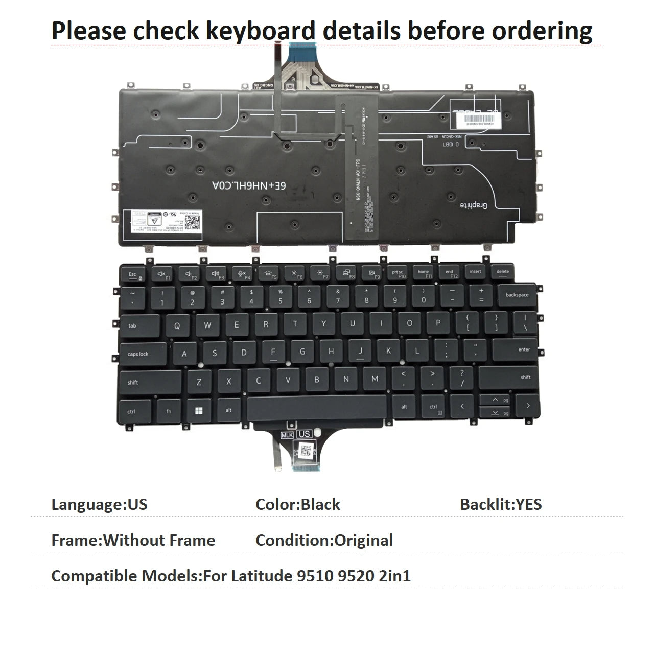 New US Language  Backlit Keyboard For Dell Latitude 9510 9520 2in1 Notebook PC Replacement Keyboard 03R93D PK1330H2A00Dell laptop repair parts
