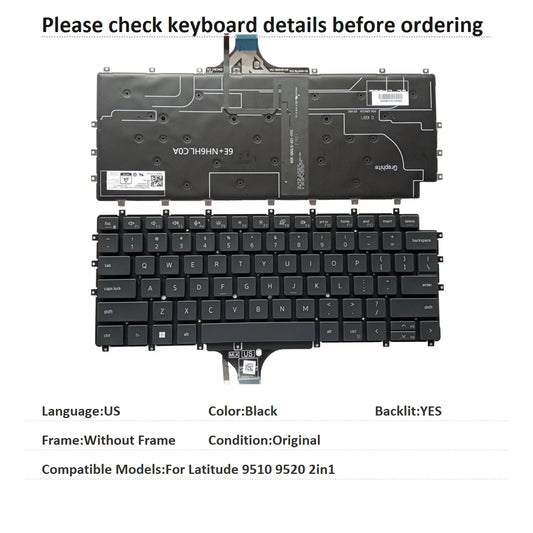 New US Language  Backlit Keyboard For Dell Latitude 9510 9520 2in1 Notebook PC Replacement Keyboard 03R93D PK1330H2A00Dell laptop repair parts