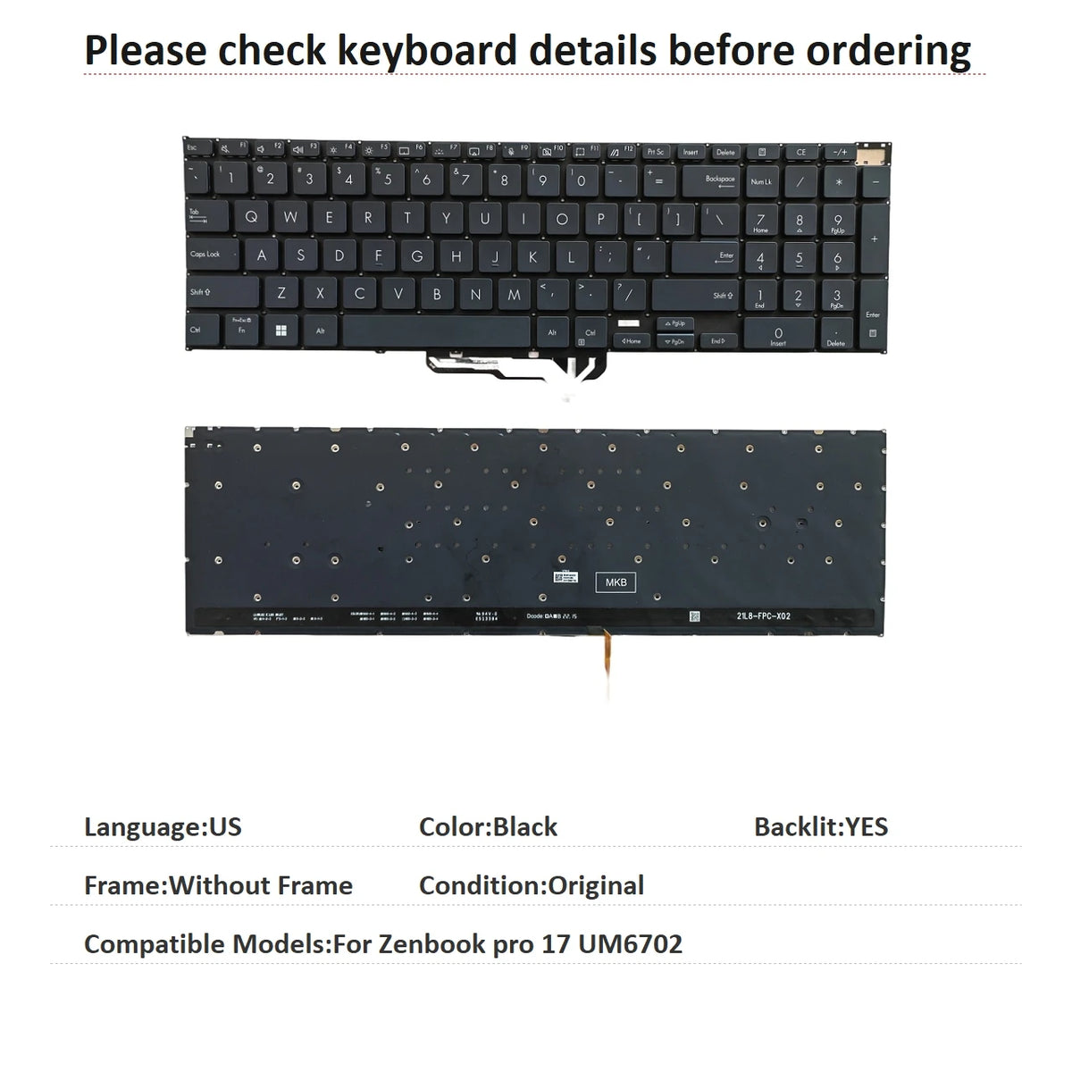New US Language  Backlit Keyboard For ASUS Zenbook pro 17 UM6702 Notebook PC Replacement Keyboard ASUS laptop repair parts