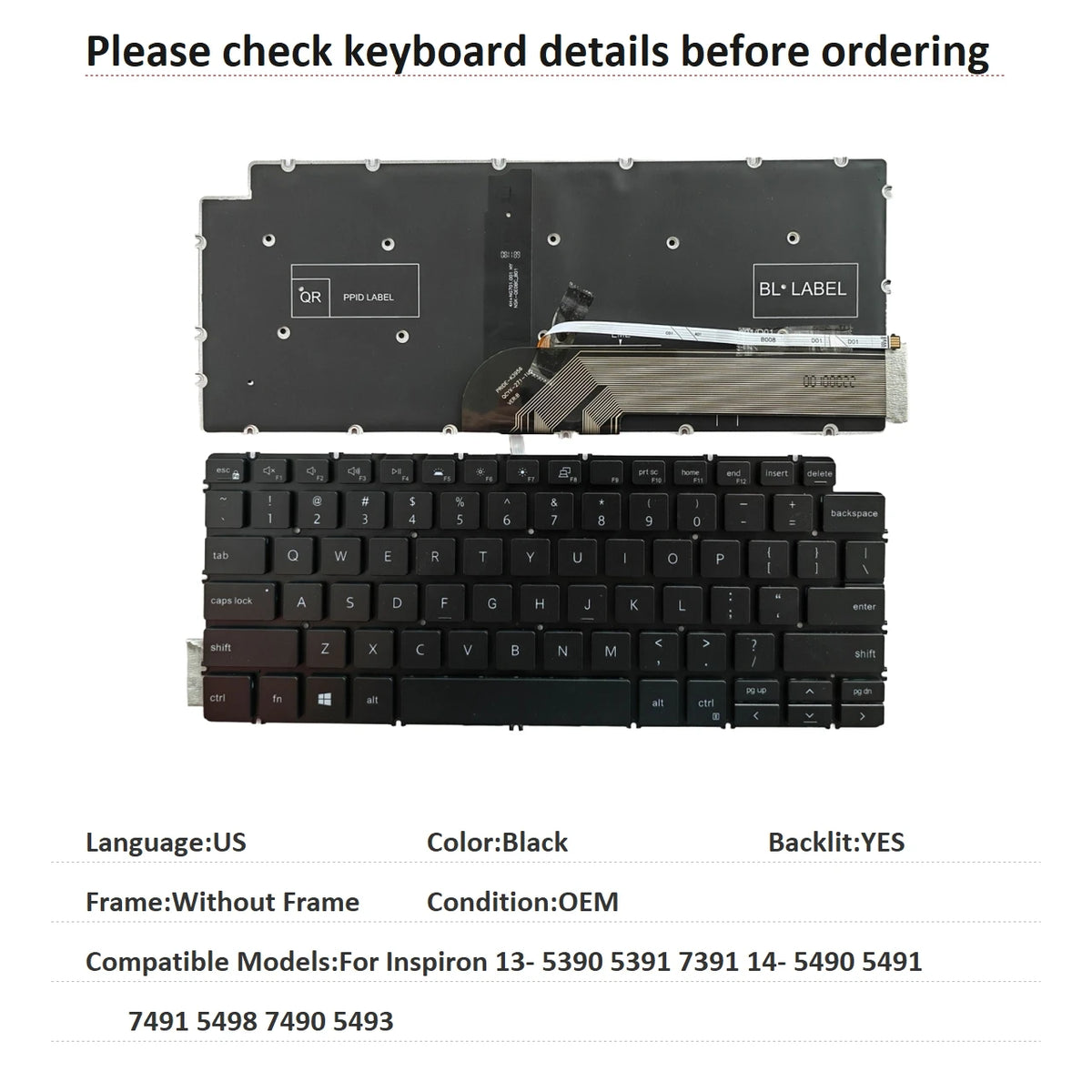 New US Russian Spanish Brazil Language  Backlit Keyboard For Dell Inspiron 13- 5390 5391 7391 14- 5490 5491 7491 5498 7490 5493Dell laptop repair parts