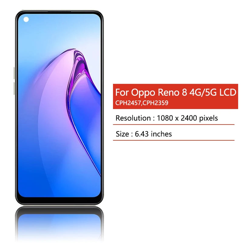 6.4“AMOLED For Oppo Reno8 CPH2359 LCD Display Touch Screen Digitizer Assembly For Oppo Reno 8 4G CPH2457 LCD With Frame  Oppo phone repair parts