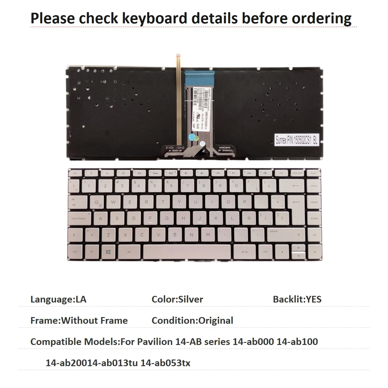 New US Spanish Latin Language  Backlit Keyboard For HP Pavilion 14-AB series 14-ab000 14-ab100 14-ab20014-ab013tu 14-ab053tx  HP laptop repair parts