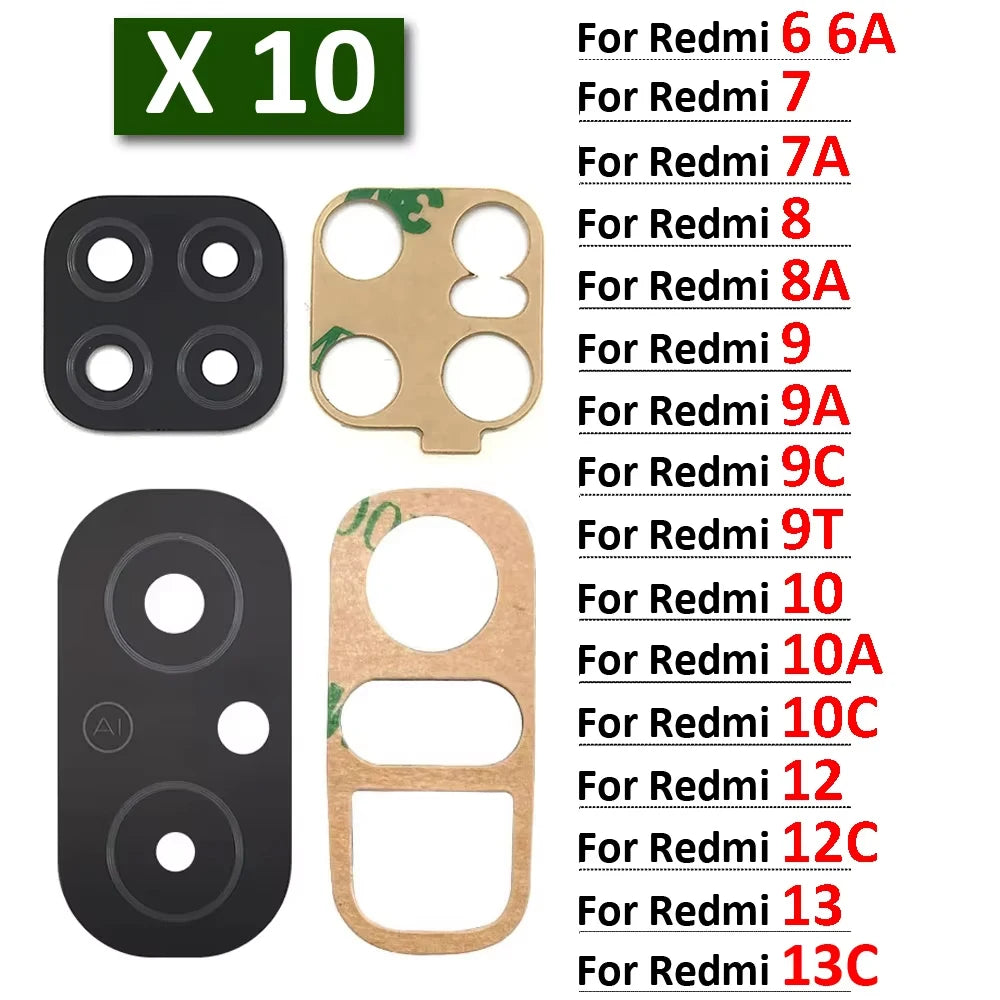 10Pcs, Back Rear Camera Glass Lens With Adhesive For Xiaomi Redmi 6 6A 7 7A 8 8A 9 9A 9C 9T 10 10A 10C 12 12C 13 13C 4G 5G  Xiaomi  Xiao mi phone repair parts