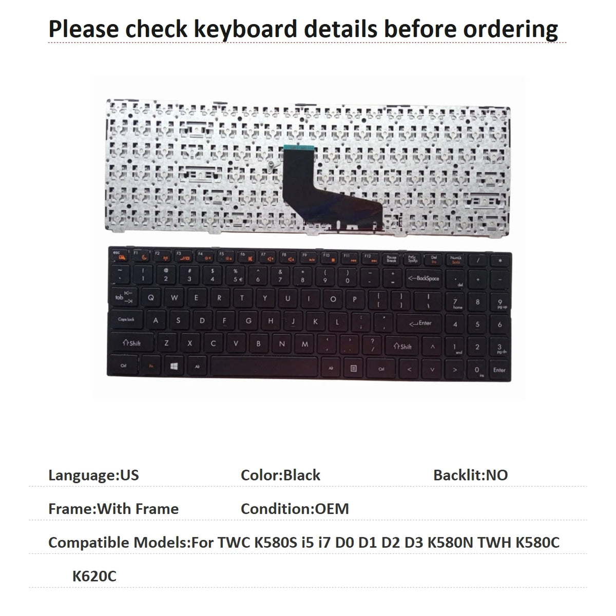 New US Language  Keyboard For DNS TWC K580S i5 i7 D0 D1 D2 D3 K580N TWH K580C K620C AETWC700010