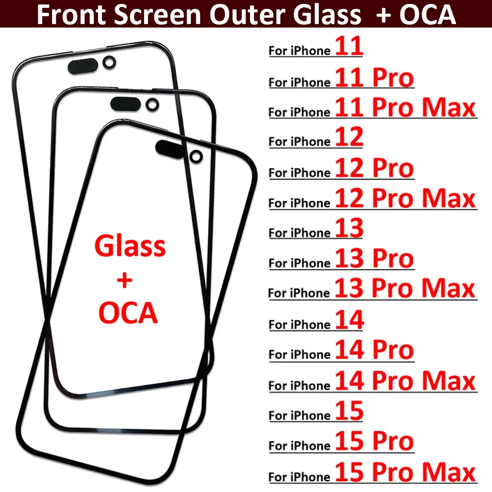 New Front Screen Outer Glass With OCA For iPhone 11 12 13 14 15 Pro Max Mini Plus Phone Repair iPhone phone repair parts