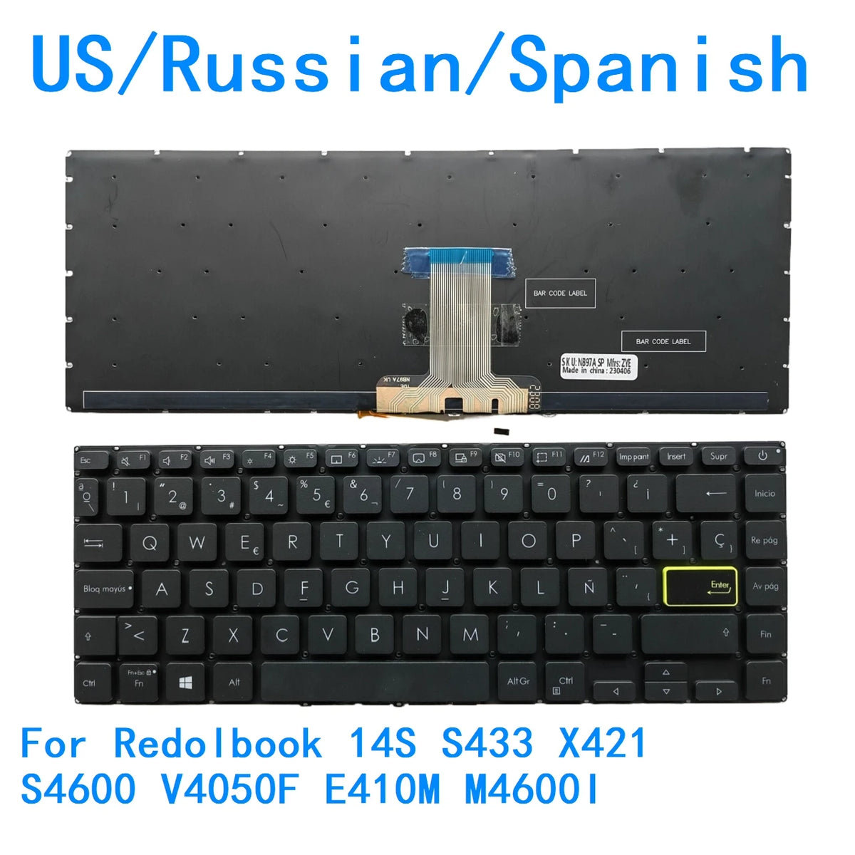 New US Russian Spanish language  Backlit Keyboard For ASUS Redolbook 14S S433 X421 S4600 V4050F E410M M4600I ASUS laptop repair parts