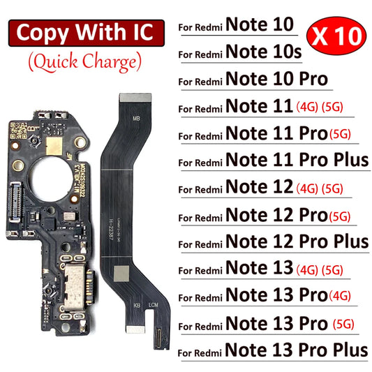 10Pcs/Lot, USB Charger Charging Board Dock Port Connector Main Flex Cable For Xiaomi Redmi Note 10 10s 11 12 13 Pro Plus 4G 5G  Xiaomi  Xiao mi phone repair parts