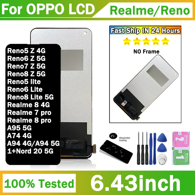A94 A95 A74 Display For Oppo Reno 5Z 6Z 7Z 8Z 5lite 6lite 8lite LCD Touch Screen For Realme 7Pro 8Pro LCD 1+N20 5G Screen Oppo phone repair parts Realme phone repair parts