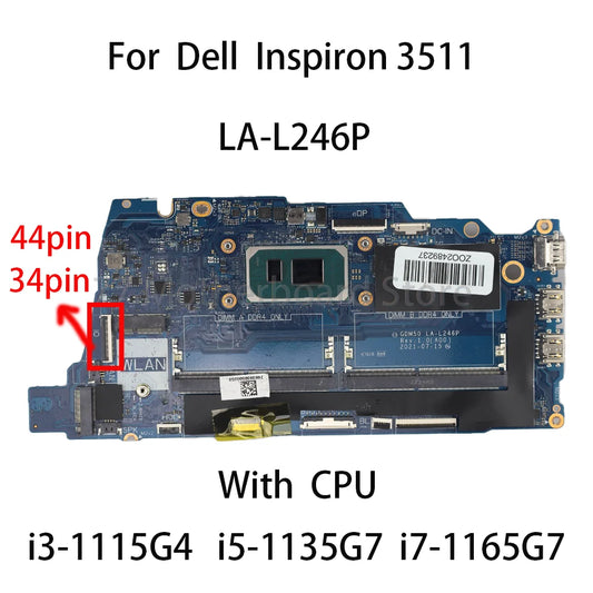 Laptop Motherboard for Dell Inspiron 3511 LA-L246P with CPU I3-1115G4 I5-1135G7 I7-1165G7 0K6GNH 0MYJWC 0XMF7W Dell laptop repair parts
