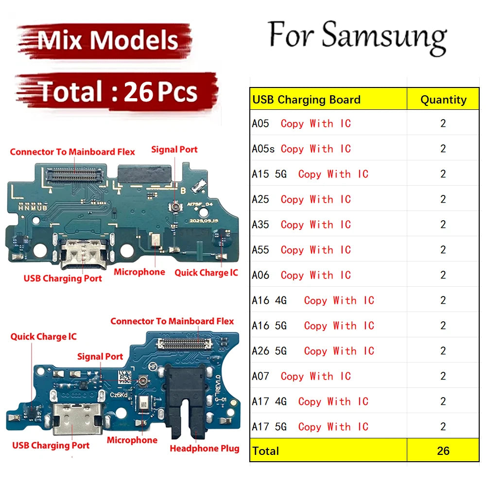 26Pcs, For Samsung A05 A05s A15 A25 A35 A06 A16 A26 A07 A17 4G 5G USB Charge Port Jack Dock Connector Charging Board Flex Cable Samsung phone repair parts