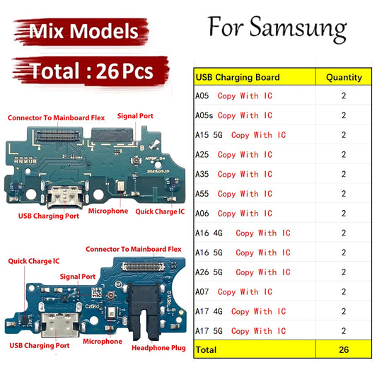 26Pcs, For Samsung A05 A05s A15 A25 A35 A06 A16 A26 A07 A17 4G 5G USB Charge Port Jack Dock Connector Charging Board Flex Cable Samsung phone repair parts