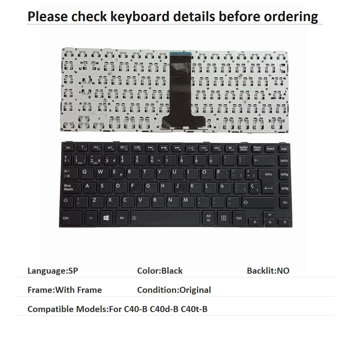 New US Spanish Language  Keyboard For Toshiba C40-B C40d-B C40t-B Notebook PC Replacement Keyboard
