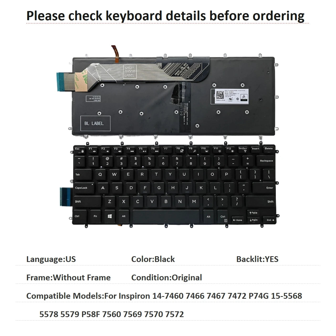 US RU SP BR Backlit Keyboard For Dell Inspiron 14-7460 7466 7467 7472 P74G 15-5568 5578 5579 P58F 7560 7569 7570 7572Dell laptop repair parts